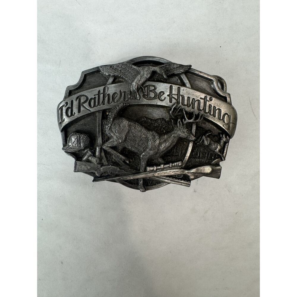 Vintage Belt Buckle Siskiyou Cowboy I'd Rather Be Hunting Deer Buck Pewter 1987